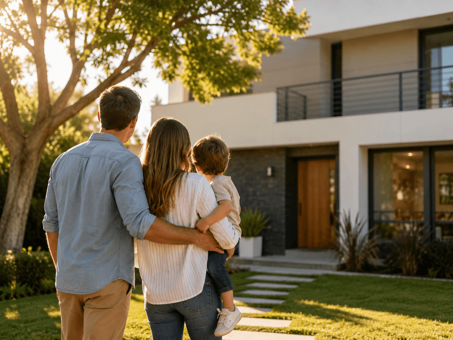 Una familia mira su nueva casa desde el jardín, al atardecer