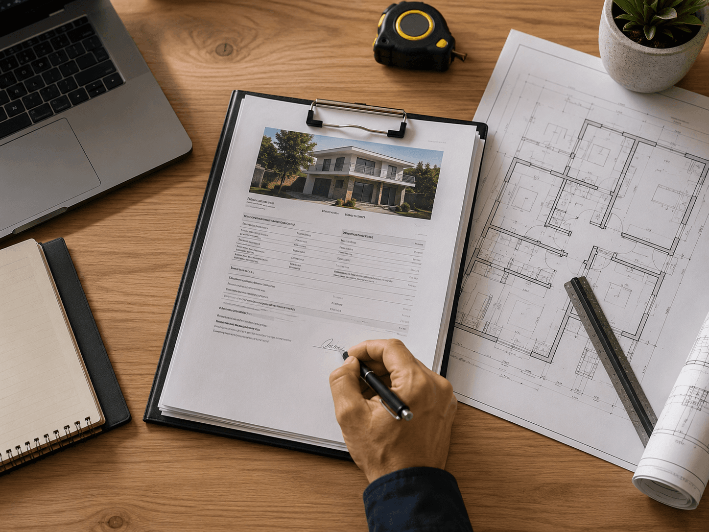 Informe de tasación sobre el escritorio, junto al plano del inmueble