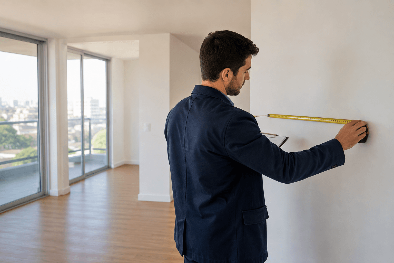 Tasador midiendo un ambiente durante la inspección técnica